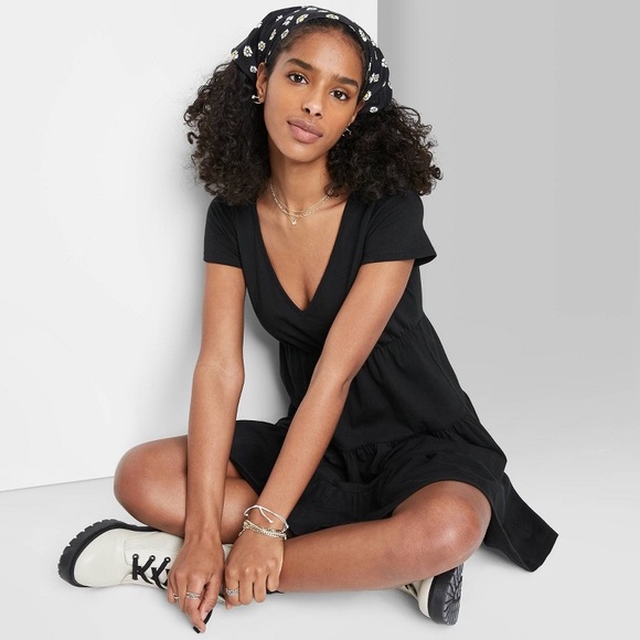 Wild Fable Black Short Sleeve Tiered Knit Babydoll Dress - Picture 8 of 8